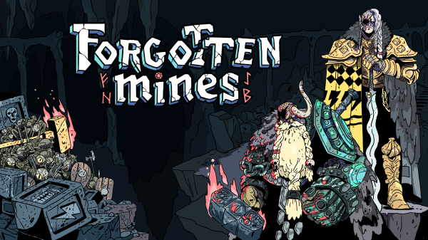Forgotten Mines artwork, published by Ishtar Games. Gobelins on the left in a cave, with two warriors on the right: a dwarf and an elf. Logo of the game is visible in the shadow of the cave.