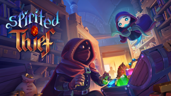 Spirited Thief artwork, published by Ishtar Games. Logo on the left. A thief and a spirit are stealing a treasure and a guard is visible in the background.